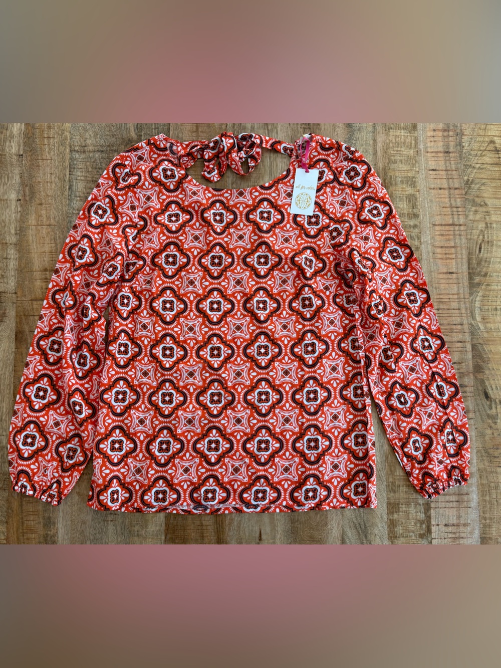 All For Color Mandie Bow Back Blouse Orange Navy Tile Print XS NWT Back 2 School